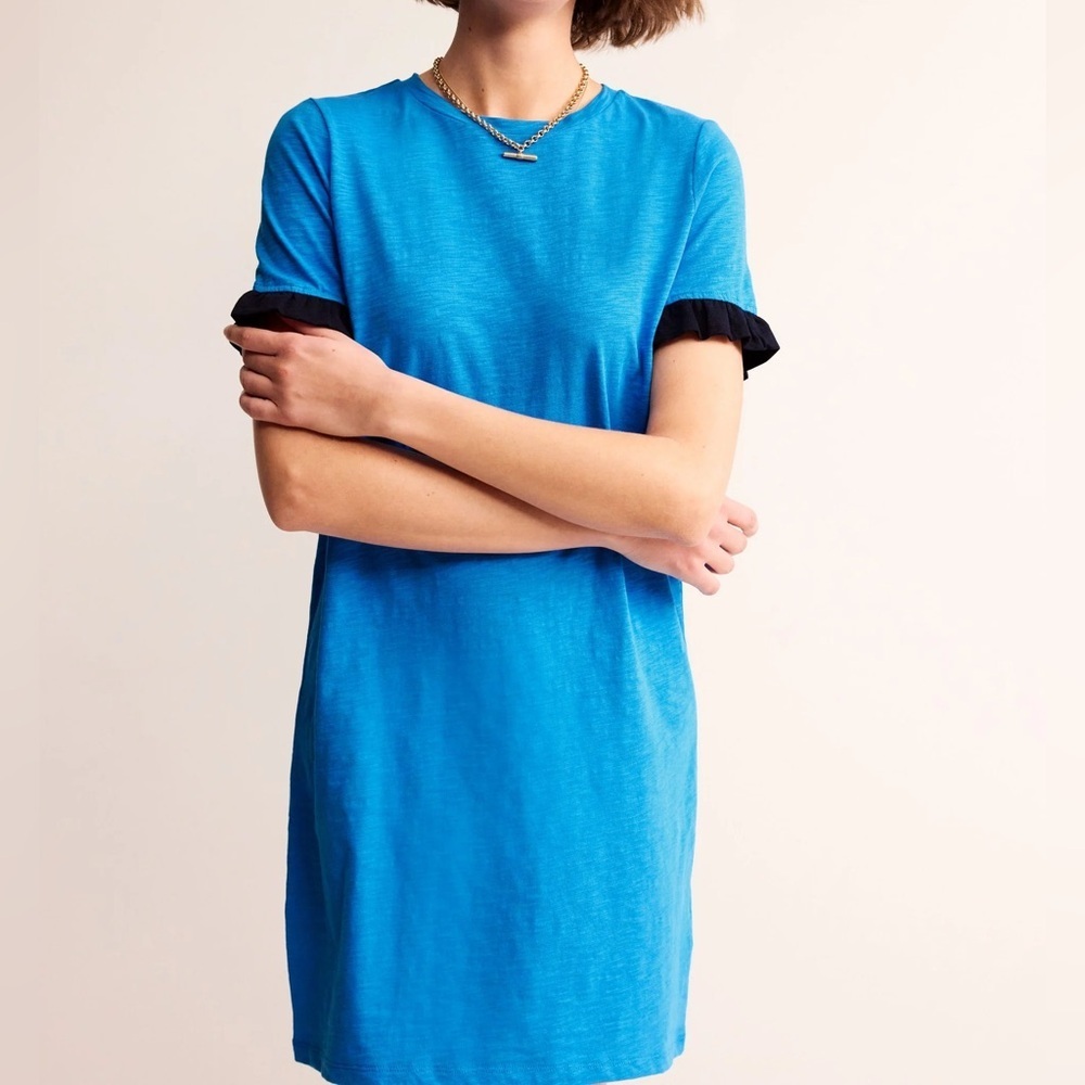 Boden Emily Ruffle Cotton dress in Brilliant Blue &‎ Black sleeves.NWT Sz-8L. Z2